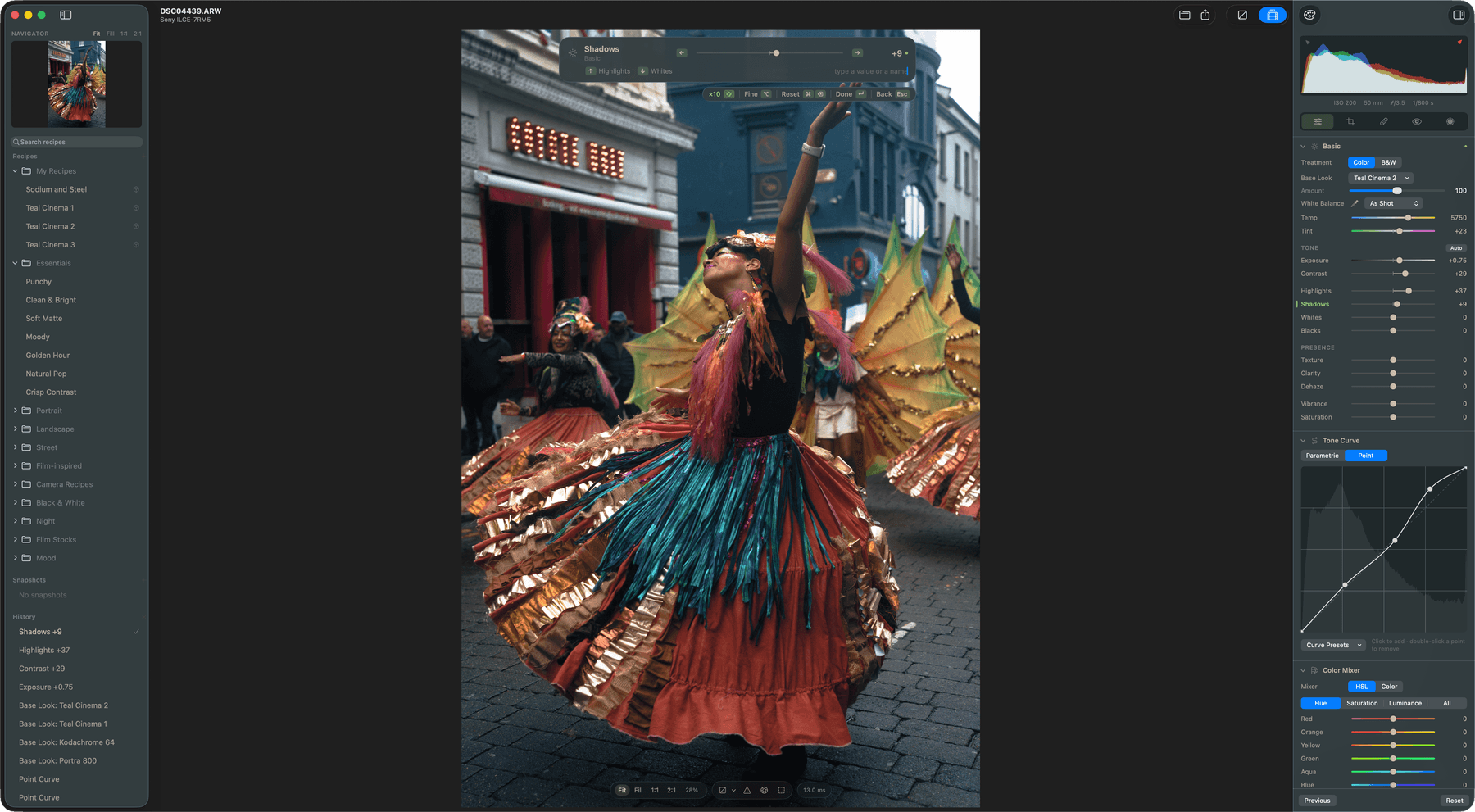Redlamp editing a Sony α7R V raw file of a dancer at a street parade, with the Develop panels on the right