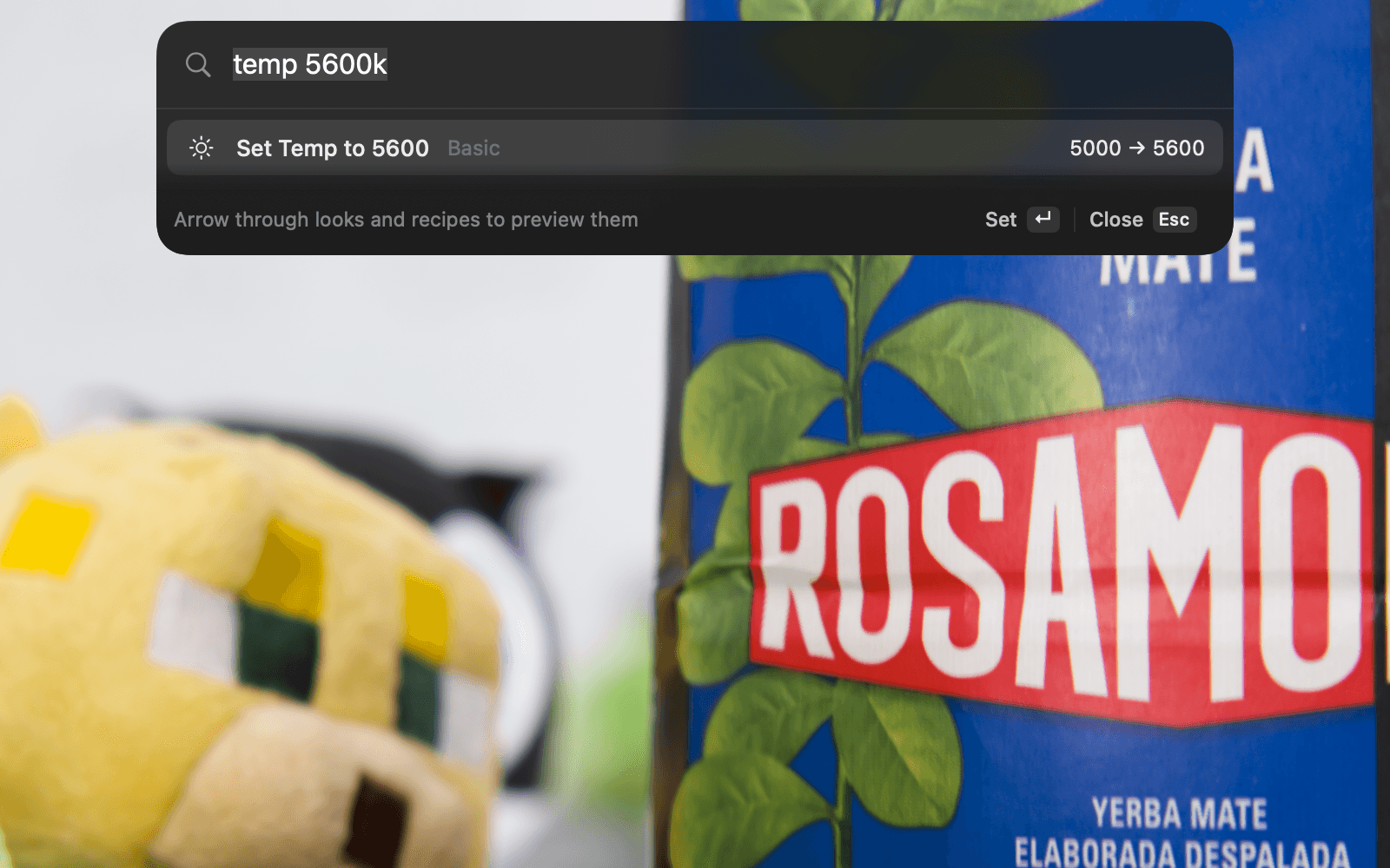 The palette with “temp 5600k” typed, offering to set Temp from 5000 to 5600
