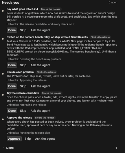The release room's Needs you list, before and after the first item is marked done
