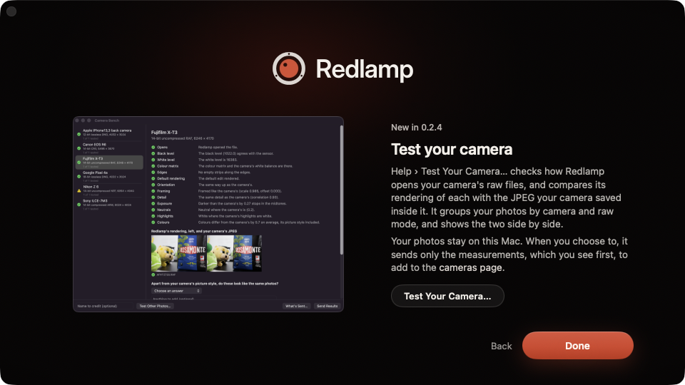 The Test your camera page in What's New, with a screenshot of the Camera Bench and a Test Your Camera button