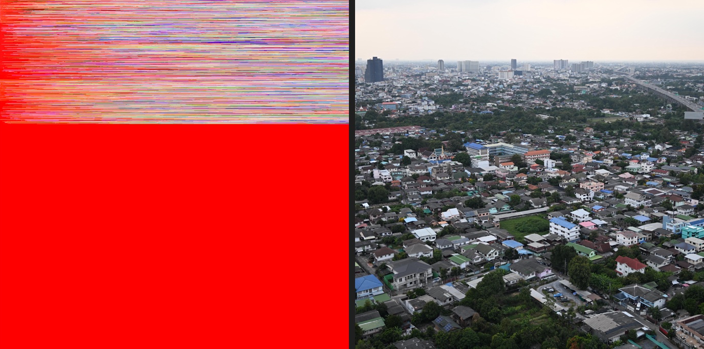 A Nikon Z50 II raw: Redlamp's rendering is colored noise over red, the camera's JPEG is an aerial view of a city