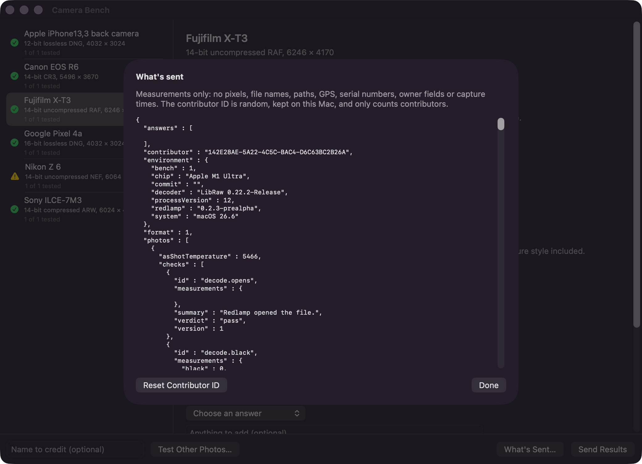 What's Sent, a sheet showing the report as JSON, with Reset Contributor ID and Done buttons